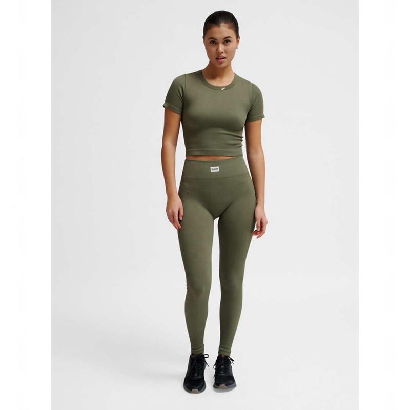 Hummel Pulse Seamless Rib W S/S Ženske Majice Maslinasto Zelene | 570905-440